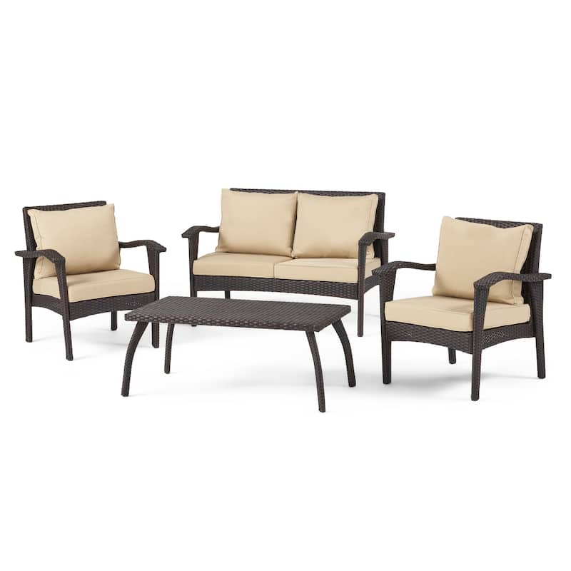 4 Piece PE Rattan Patio Furniture Metal Conversation Set,Waterproof Fabric Cushions Sofa and Sturdy Iron Frame Coffee Table