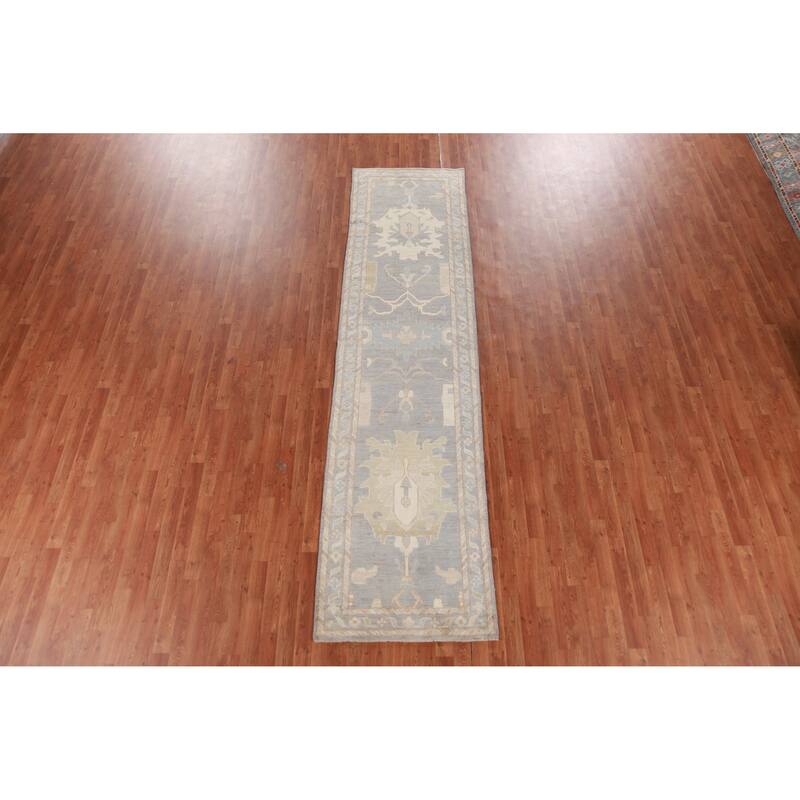 Hand Knotted Oriental 100% Wool Carpet Transitional Floral Greys & Charcoal Oushak Runner Rug - 11' 7'' X 2' 11''