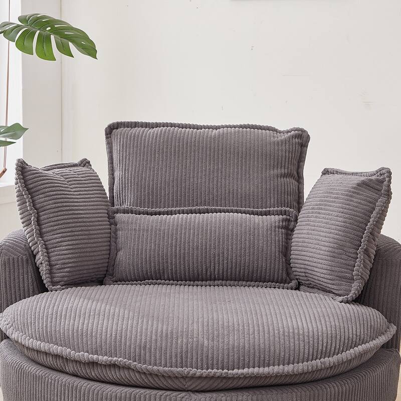 38"W Oversized Round Swivel Barrel Chair with moon storage ottoman and 4 Pillows