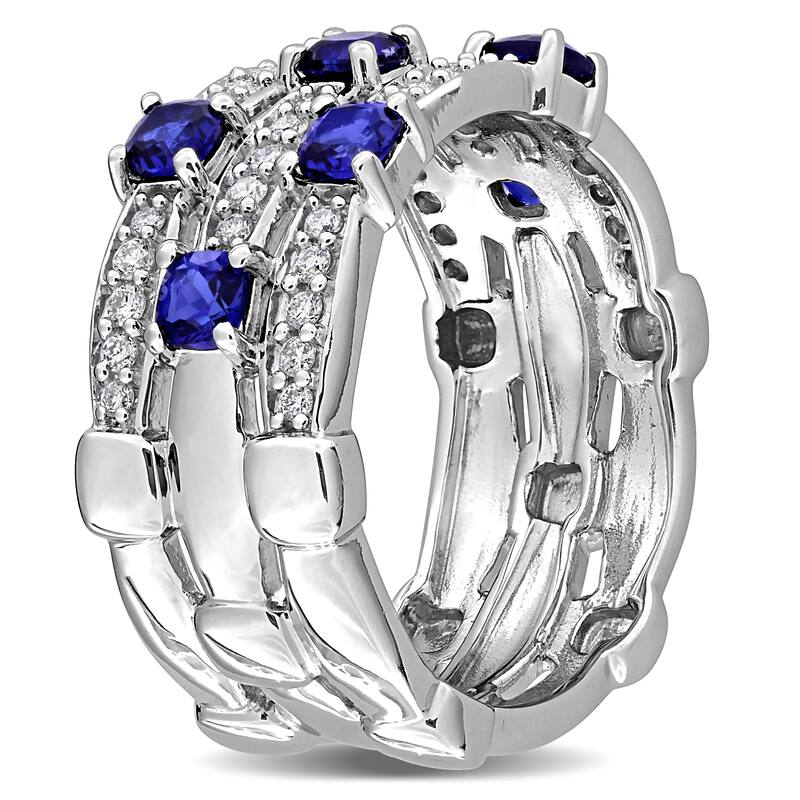 Miadora 1ct TGW Created Blue Sapphire 1/3ct TW Lab-Grown Diamond 3-Row Ring in Sterling Silver