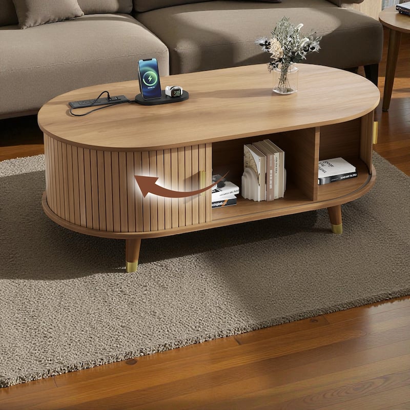 42.5'' Oval Fluted Coffee Table with Charging Station, Mid-Century Tambour Door Center Table with Solid Wood Legs