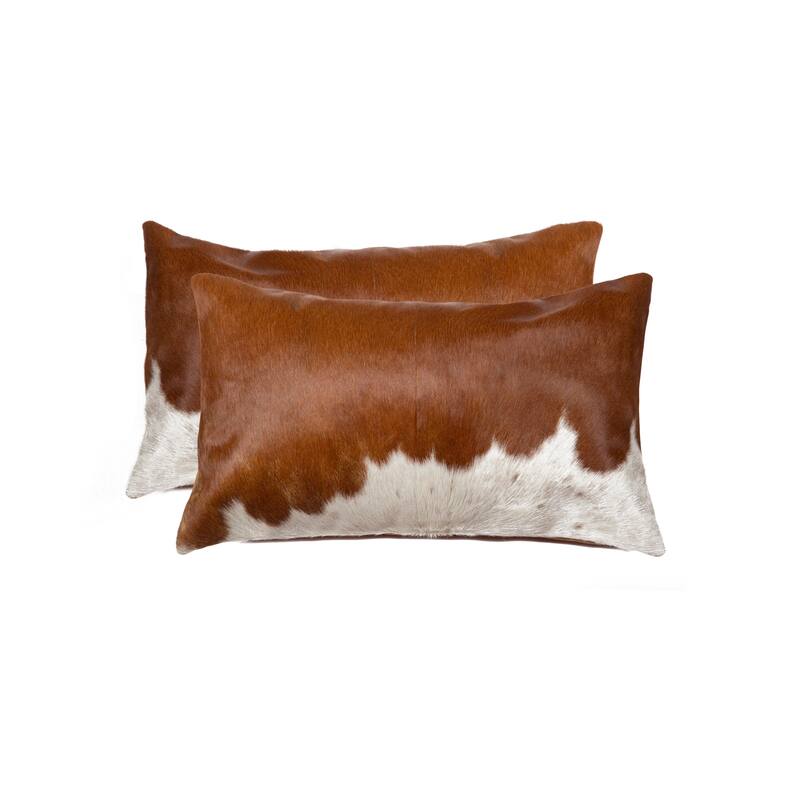 HomeRoots Set of Two 12" X 20" Brown and White Cowhide Throw Pillows