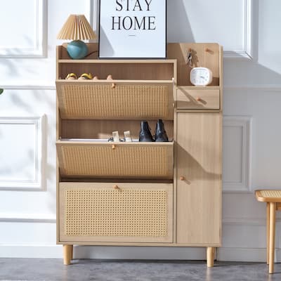 Elegant Rattan-Like Shoe Cabinet, Retro MDF Storage Organizer for Hallway, 37.40 x 6.61 x 49.49 inches