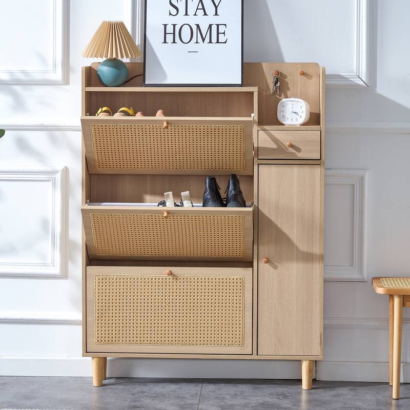 Minimalist MDF Shoe Cabinet with Japanese Rattan Design for Hallways or Living Room Storage Solutions