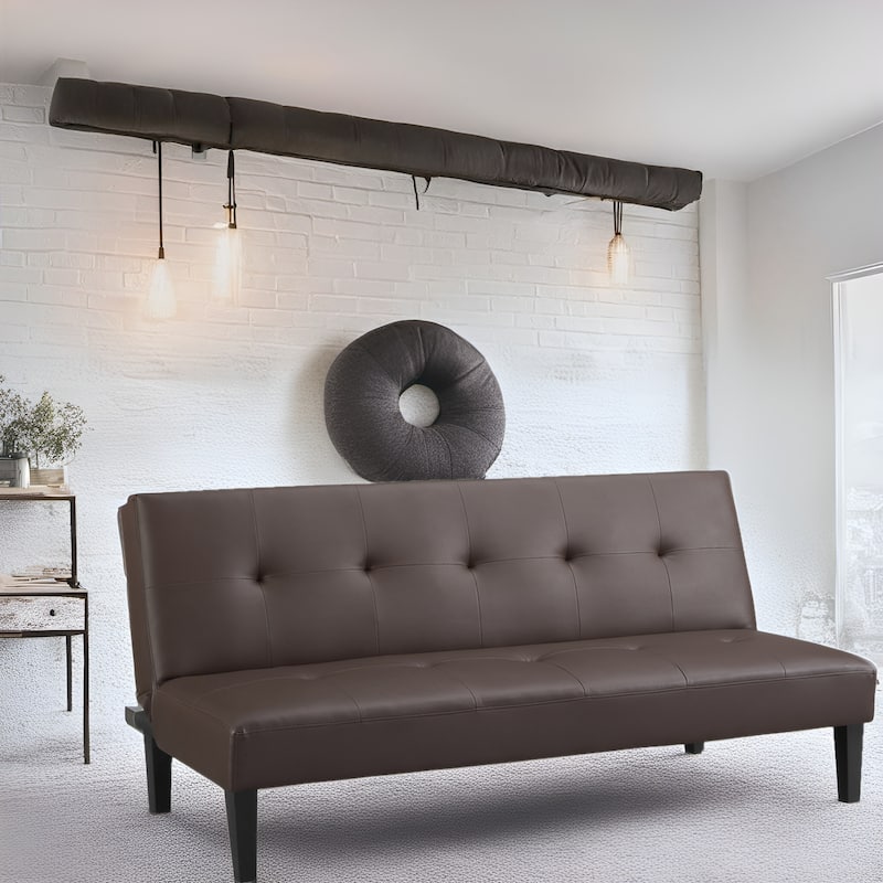 Modern Futon Sofa Bed, Convertible Couch with Wooden Legs, Recliner - Brown