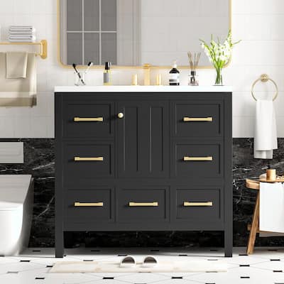 36" Bathroom Vanity with Resin Sink - Solid Wood Frame, Freestanding Storage Cabinet