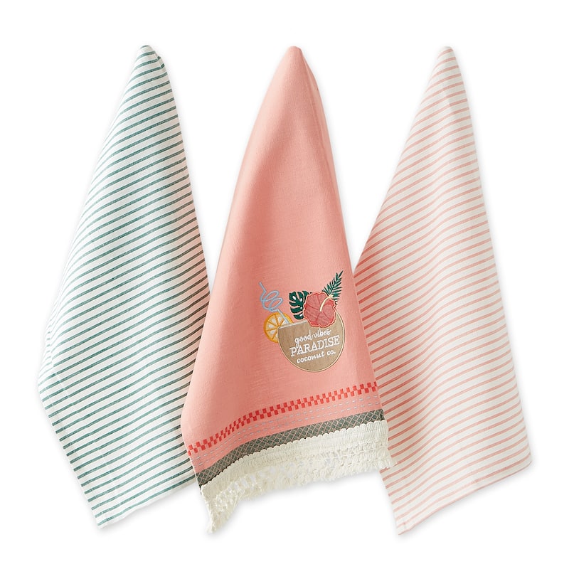 DII Island Tropics Pineapple Embellished Dishtowels Set/3 - Paradise Coconut