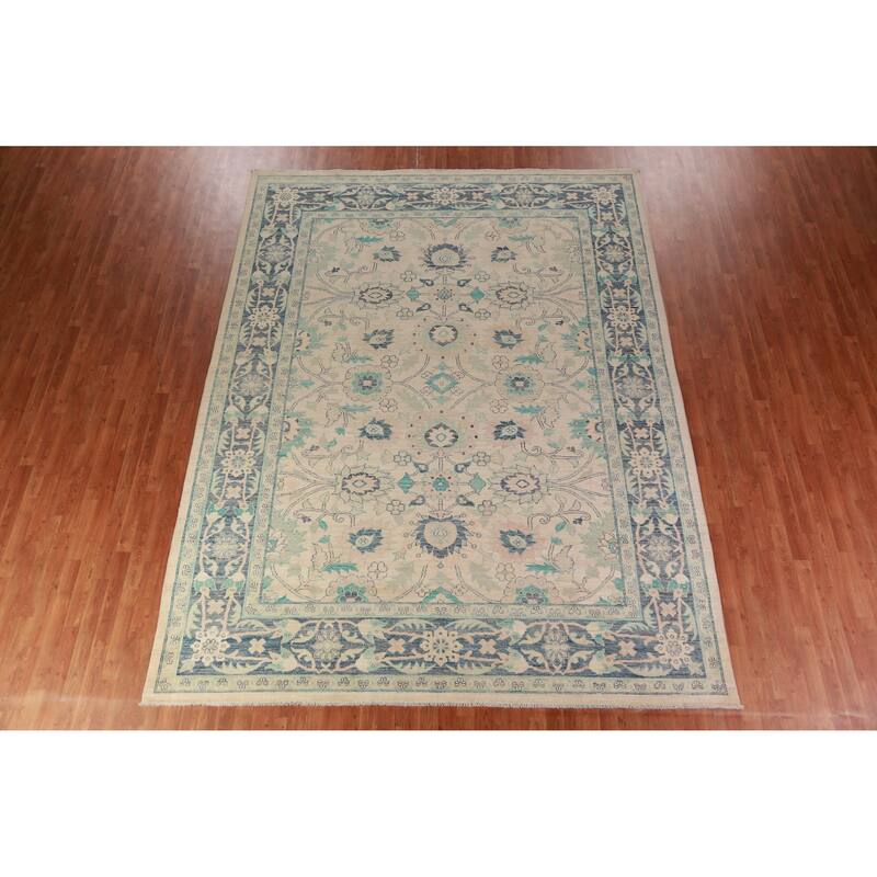 Geometric Vegetable Dye Floral Oushak Turkish Rug Handmade Wool Carpet - 9'4"x 12'2"