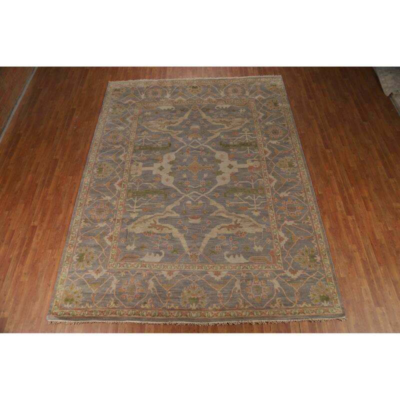 All-Over Gray Oushak Indian Area Rug Hand-Knotted Wool Carpet - 9'3" x 12'0"