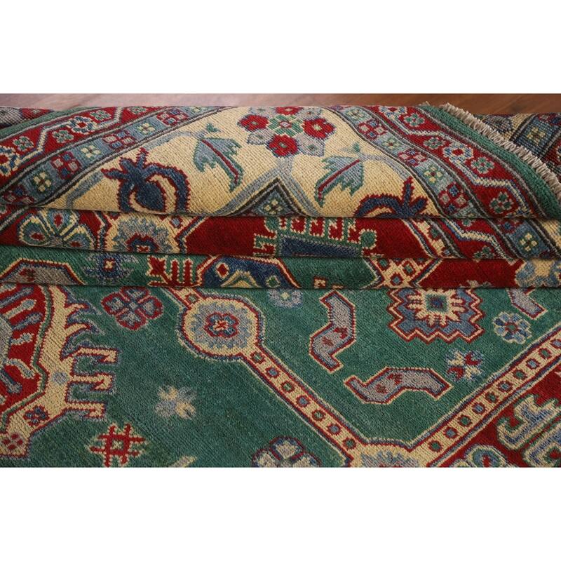 Hand Knotted Oriental 100% Wool Carpet Traditional Geometric Green Kazak Area Rug - 9' 9'' X 6' 7''