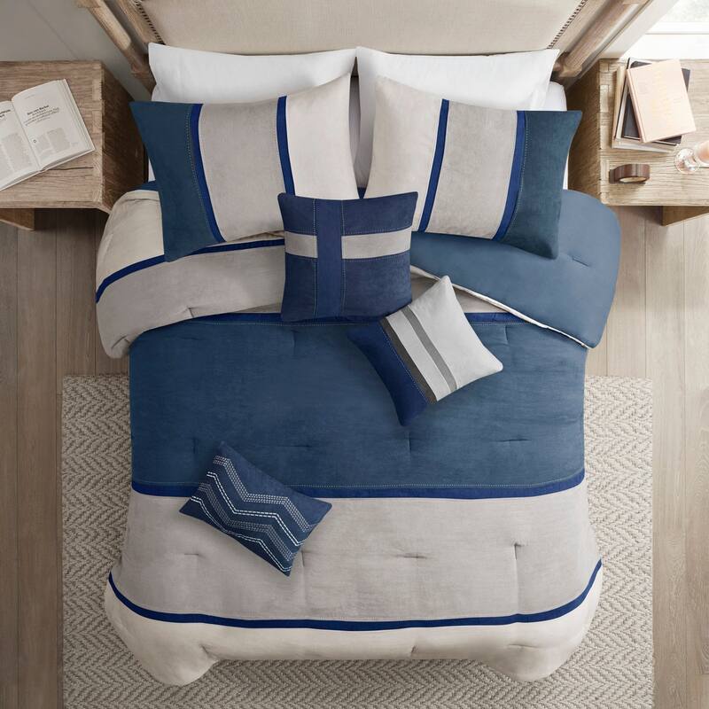 7 Piece Faux Suede Comforter Set Blue Queen