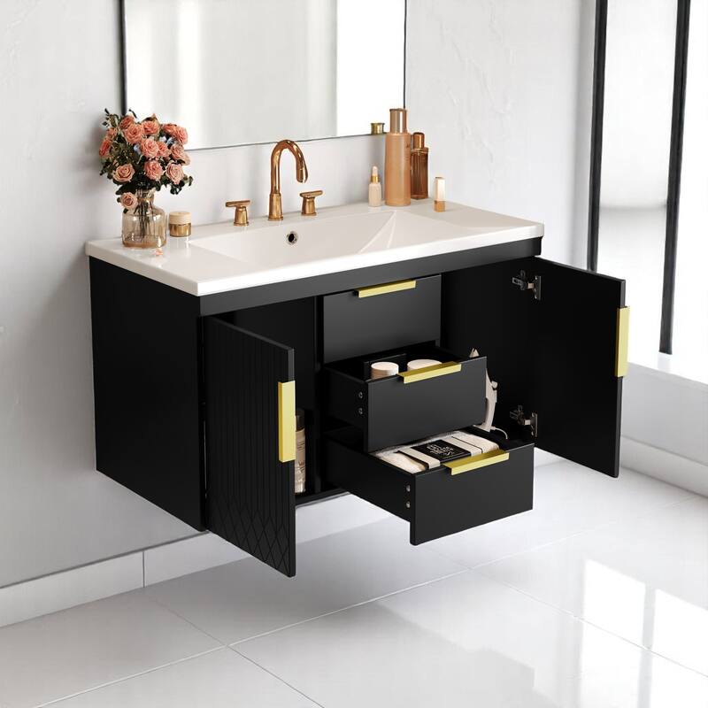 36 Inch Floating Bathroom Vanity with Sink, Wall Hung Cabinet with 2 Soft Close Drawers, Modern MDF Frame