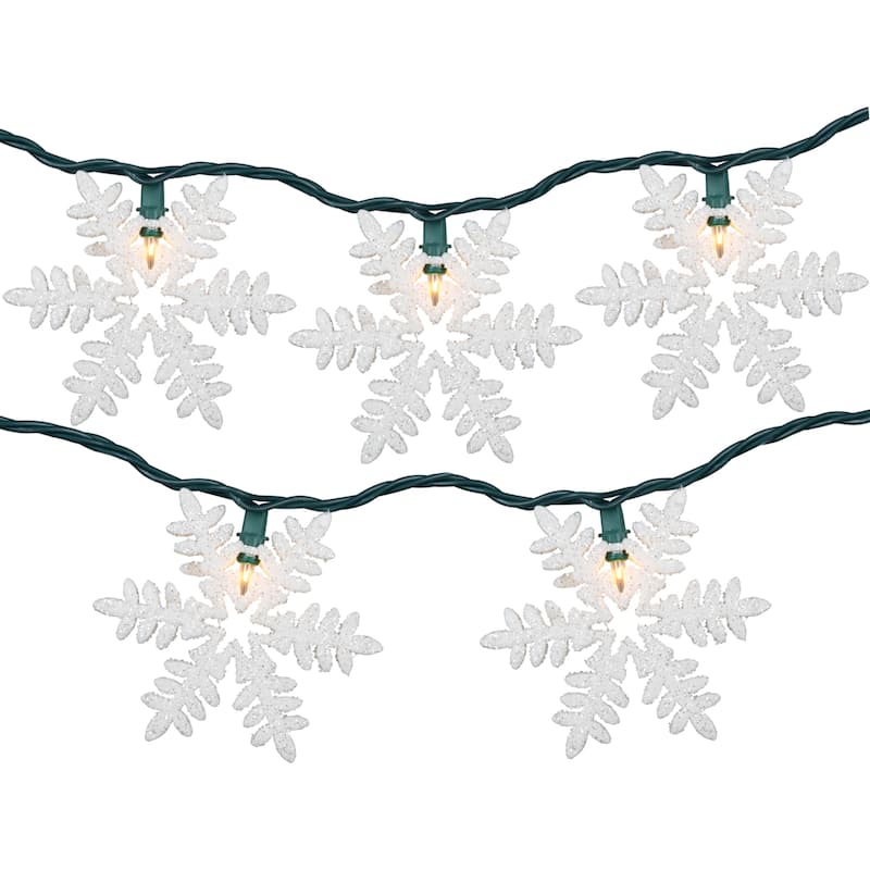 10ct White Glittered Snowflake Christmas Light Set 6ft Green Wire - 6'