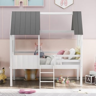 Twin Size Low Loft Wood House Bed with Two Side Windows - Bed Bath ...