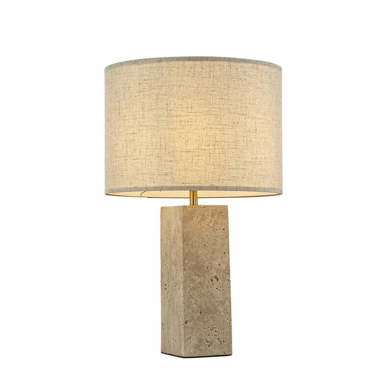 1-Light 22'' Modern Coastal Natural Rectangular Travetine Table Lamp With Beige Linen Shade For Bedroom and Living Room - W14'' - W14'' - Beige