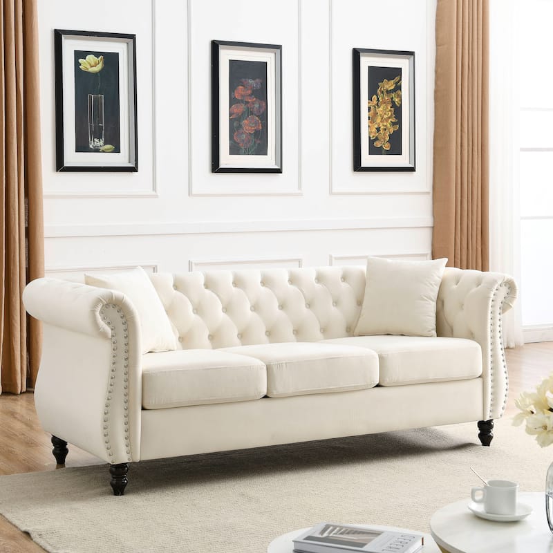 Anmytek 80 Inch Beige Velvet Chesterfield Sofa Tufted 3 Seater Couch with Nailhead Trim