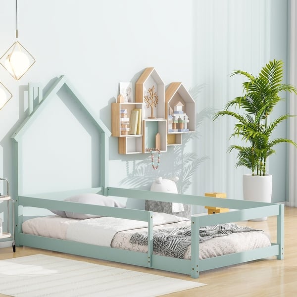 slide 2 of 8, Light Green Twin Size Pine Wood Floor bed with House-shaped Headboard and Fences for Bedroom Light Green