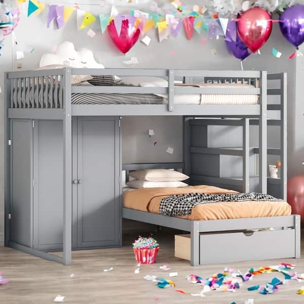 slide 2 of 15, Space-Saving Design Full Over Twin Bunk Bed with Wardrobe, Convenient Footboard Drawer Gray