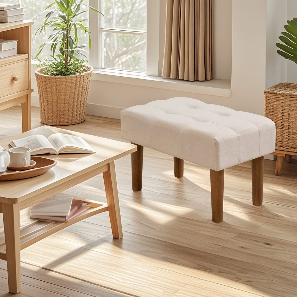 Javlergo Set of 1 or 2 Linen Ottoman Foot Rest with Wooden Legs Tufted Rectangle Upholstered Footstool for Couch Living Room