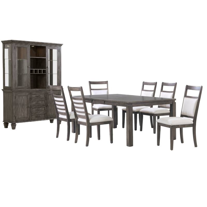 Extendable Dining Set - 9 Piece Rectangular Table with China Cabinet & Chairs - Seats 8