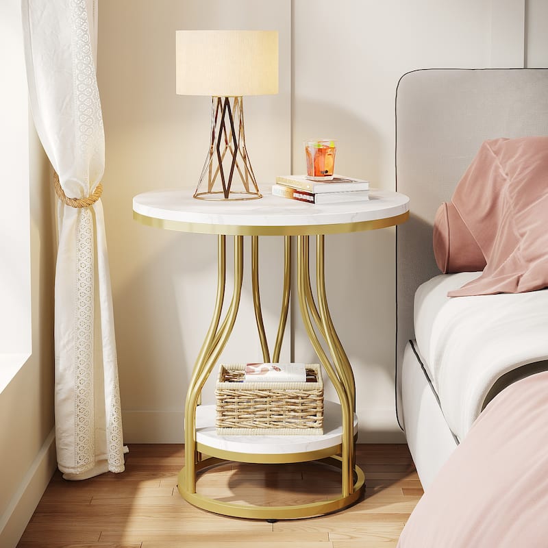 Round End Table, 2-Tier Side Tables, Modern Bedside Table, Small Chirside Tables for Couch Side