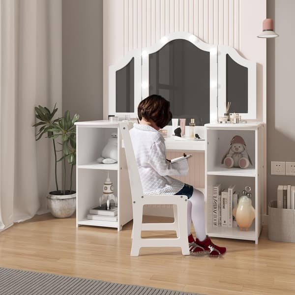 wooden princess dressing table Vanity Set w/Mirror, Stool & Lights, Drawer, Wooden Princess Makeup Desk Dressing Table, Pretend Play Kids Vanity Table Set - Bed Bath & Beyond