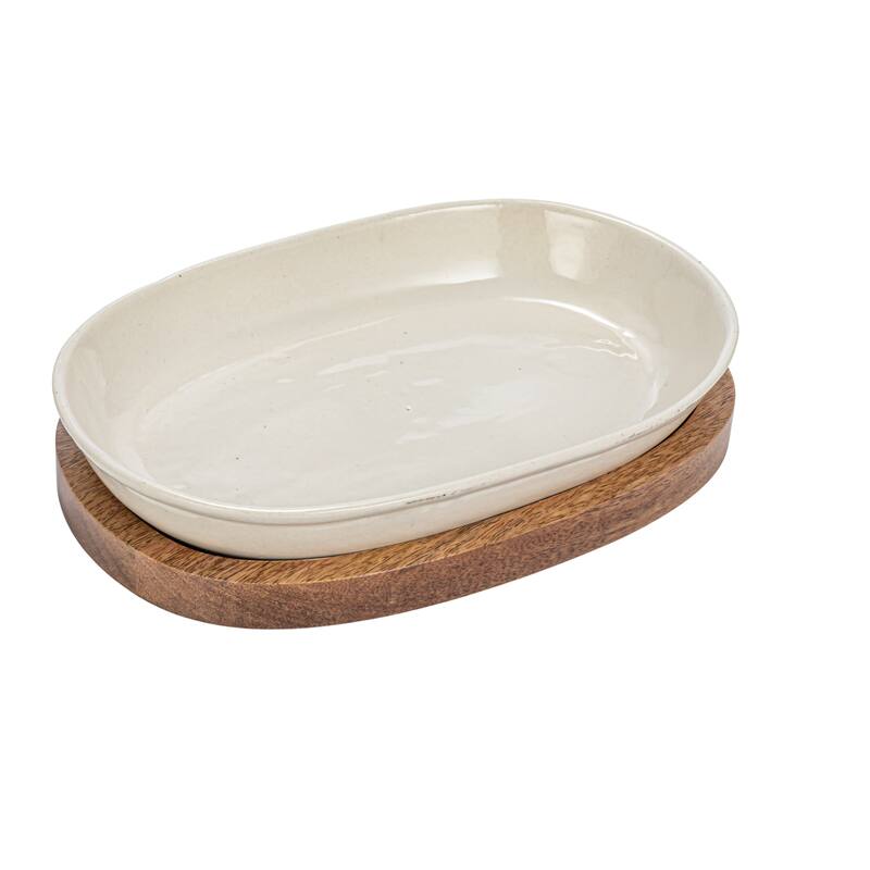 Stoneware Serving Dish with Mango Wood Base