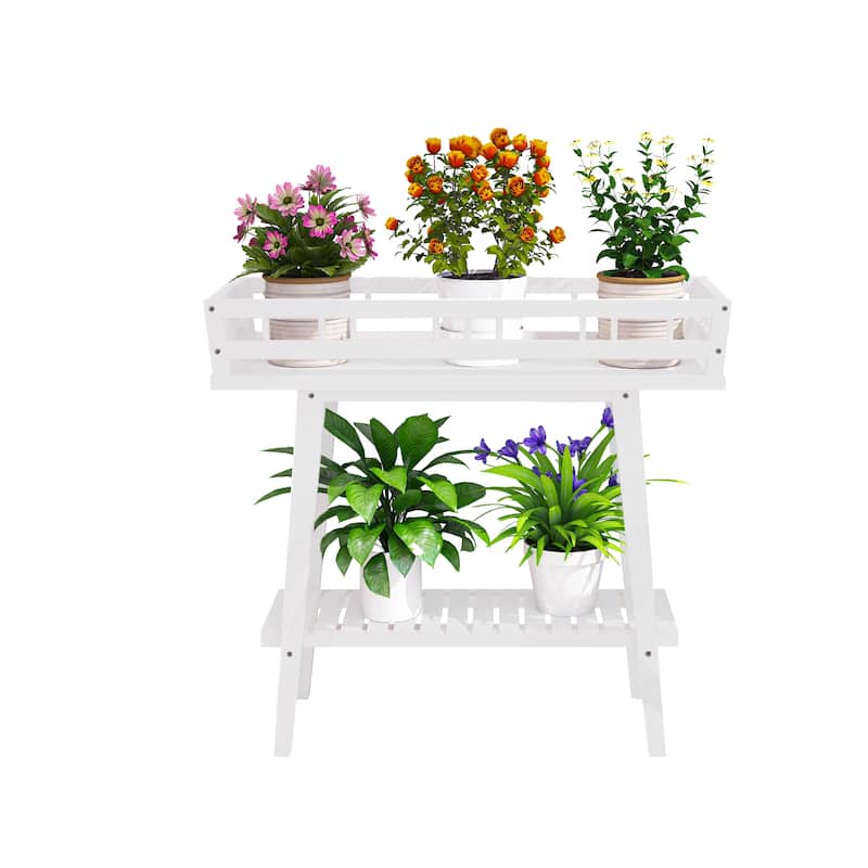 2 Tier Wood Plant Stand Flower Shelf Indoor Outdoor Narrow Table White - 29" L x 10.6" W x 27.2" H