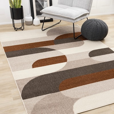 Marley Collection - Geometric Curves Taupe Oxblood Area Rug