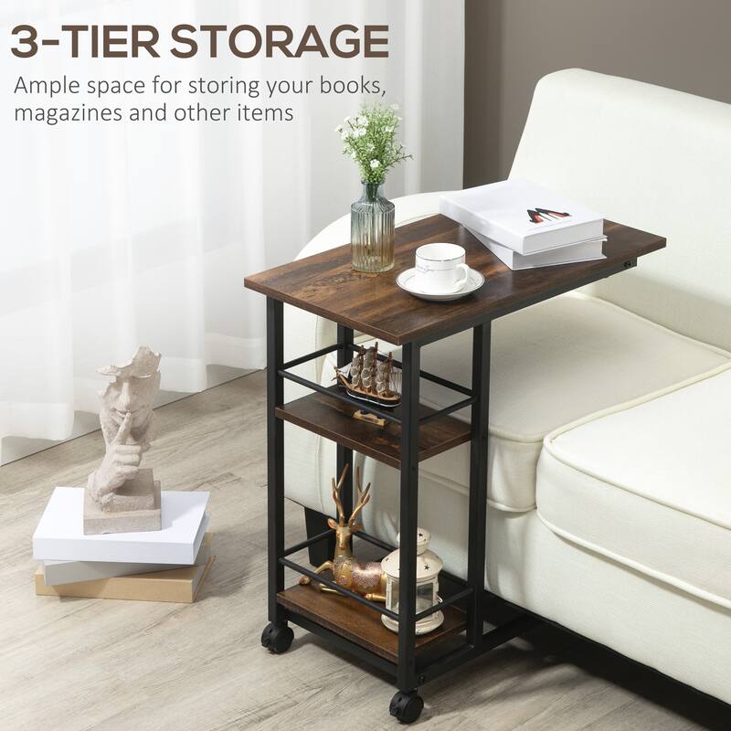HOMCOM C Shaped End Table with Storage Shelves, Mobile Side Table with Wheels