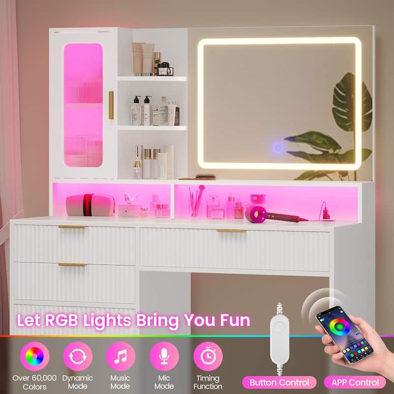 Makeup Vanity Desk Mirror LED Lights Charging Station RGB Lights Drawers Cabinet