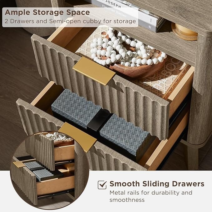 Modern Fluted Nightstand with Faux Marble Top, Side Table, End Table