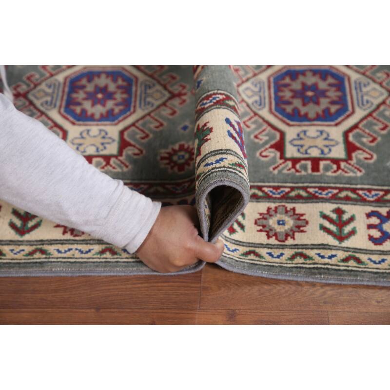 Hand Knotted Oriental 100% Wool Carpet Traditional Geometric Green Kazak Area Rug - 6' 3'' X 2' 9''