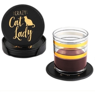 Crazy Cat Lady Leather Coasters Set with Holder (Black, 4 In, 6 Pack ...