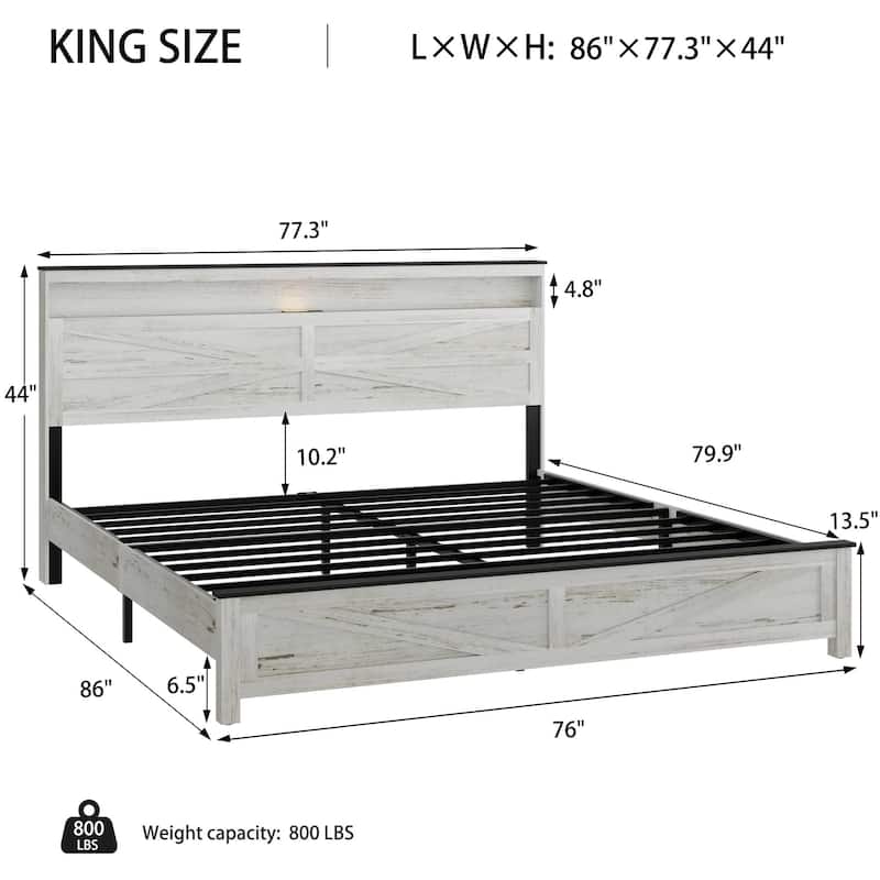 Floating Platform Bed Frame with LED Lights, Charging Station, Headboard & Hidden Storage, No Box Spring Needed