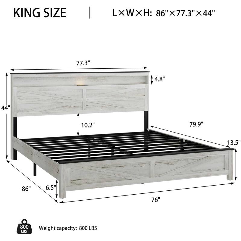 King Size Bed with Wooden Headboard and Hidden Storage Space, No need for box springs, Antique White+Gray