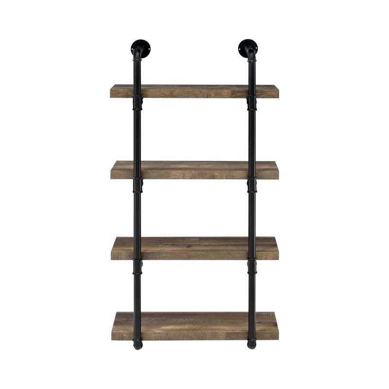 Wall Shelf with 4 Shelves and Piped Metal Frame, Brown and Black