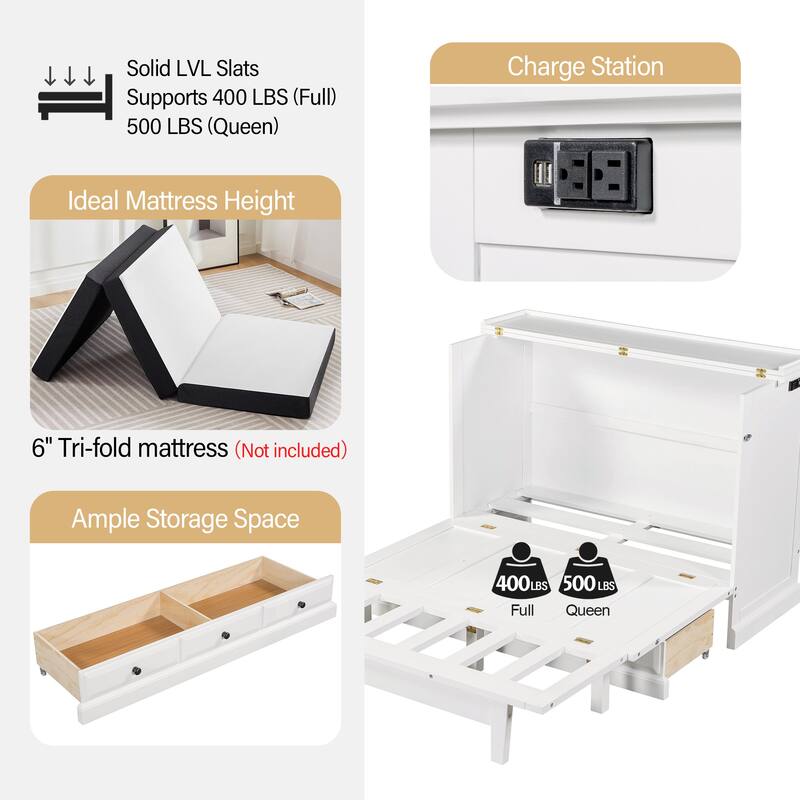 Wood Murphy Bed Chest Cube Cabinet Bed wCharging Station and Drawer