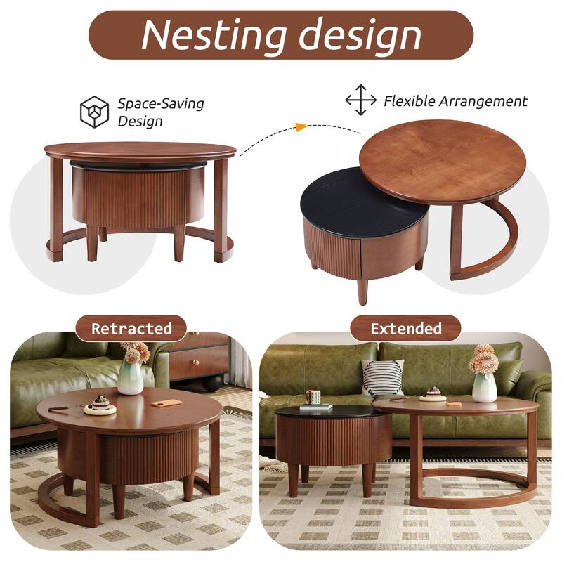 2-Piece Fluted Nesting Coffee Table Set with Hidden Drawer by Harper&Bright Designs
