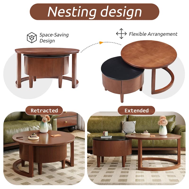 Round Nesting Coffee Table Set, Rustic Wood Sofa Side Tea Tables Center Tables with Drawer, Accent Table for Living Room, Office