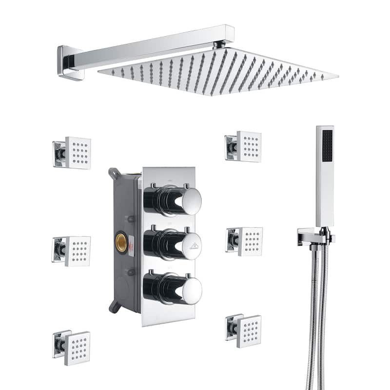 Thermostatic 12 in. Wall Mount Shower System with 6 Body Sprays - Chrome