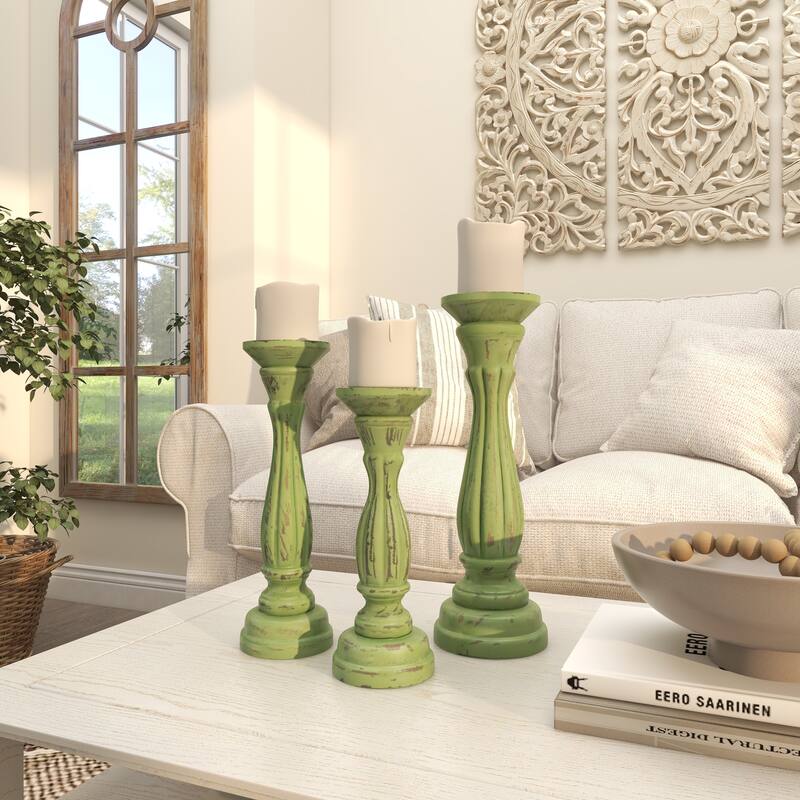 Gray, Green, Brown or Blue Wooden Distressed Turned Decorative Candle Holder (Set of 3)