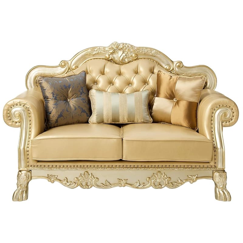 HomeRoots 64" Bone And Gold Faux Leather Loveseat and Toss Pillows - 64.00 in. x 43.00 in. x 38.00 in.