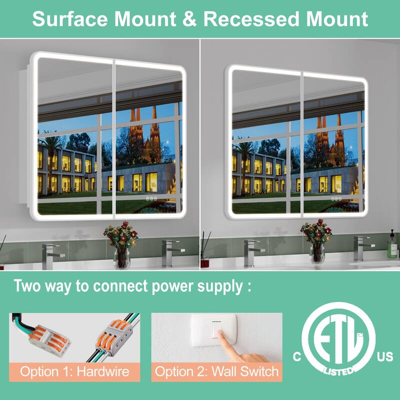 Milo LED Iron Medicine Cabinet with Mirror, Dimmable, Anti-fog, Adjustable Glass Shelves, Recessed or Surface Mount