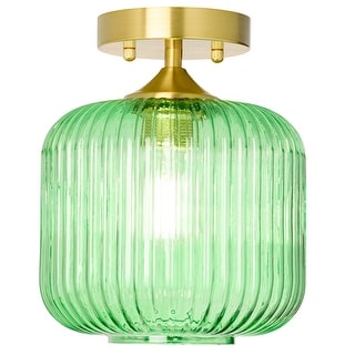 River of Goods Ignace Brushed Gold Metal 10-Inch Ceiling Light with Green Glass Globe Shade - 8" x 8" x 10.25"