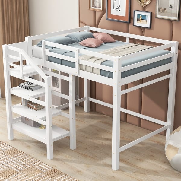 slide 2 of 16, Modern Full Size Wood Loft Kids Bed with Built-in Storage Wardrobe,Staircase,Shelves and Hanger for Clothes White