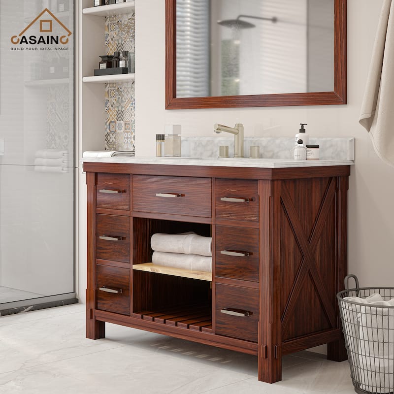 CASAINC 36"48"60" Freestanding Bathroom Vanity in Traditional Brown with Sink and Carrara Marble Top - 48(W)x22(D)x35.4(H)