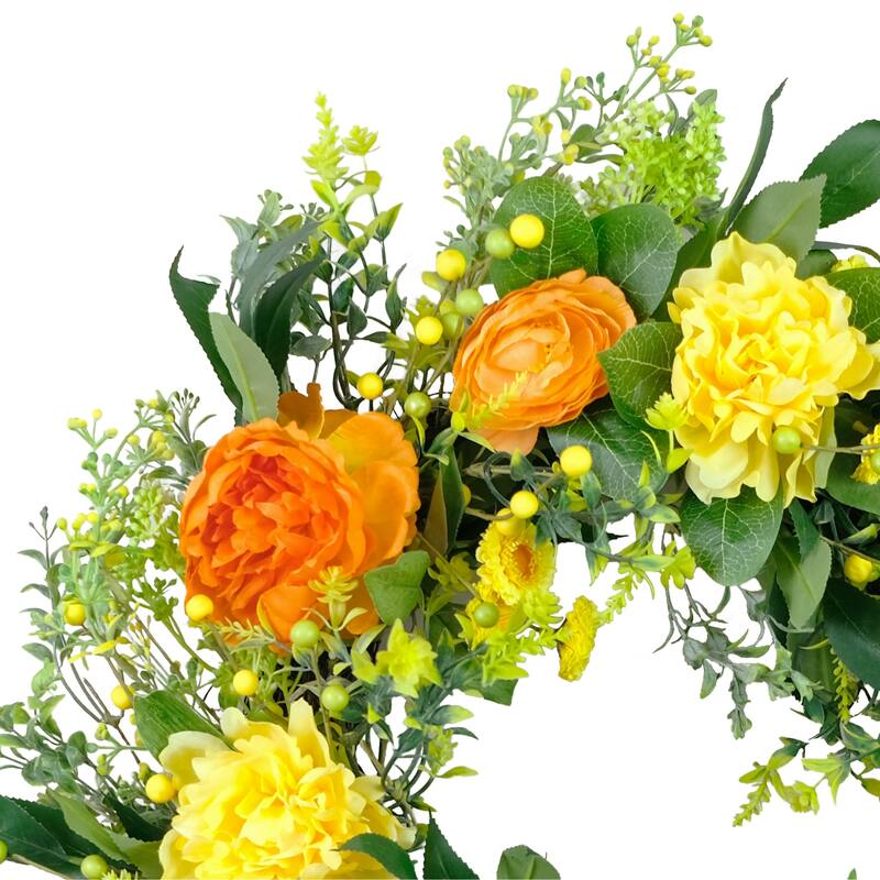 Peony Floral Artificial Spring Wreath - 24" - Yellow