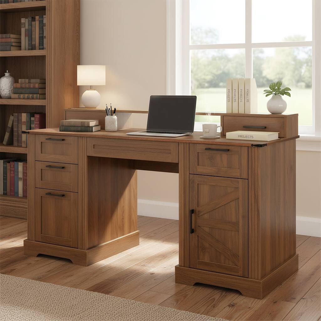 59" Farmhouse Office Desk With Charging Station & Storage Cabinet, Barn Door Design Home Office Study Desk with File Drawer