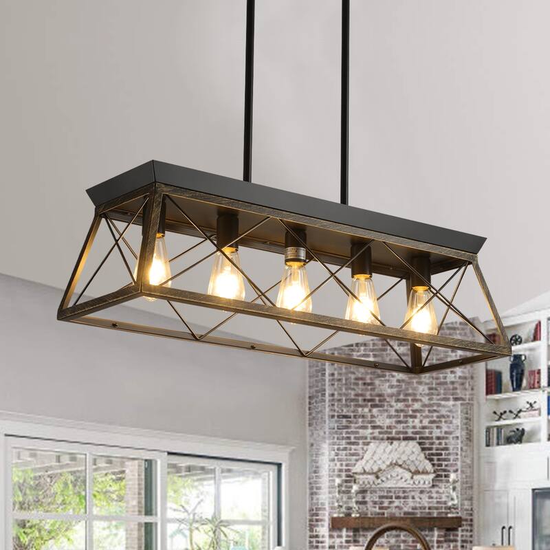 32" Industrial 5-Light Pendant Chandelier, Modern Metal Cage Design, Adjustable Hanging Light for Dining Room (No Bulbs) - Gold